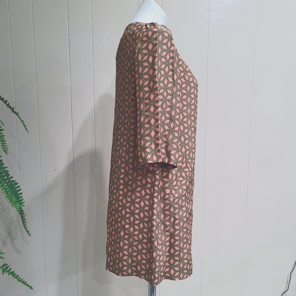 New Fossil Green/Pink Geometric Print Mini Dress 3/4 Sleeve Mod Tunic Sz Small - Picture 2 of 9